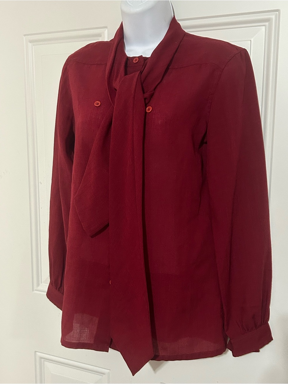 Givenchy Deep Red Button-Front Long Sleeve Blouse with Neck Tie